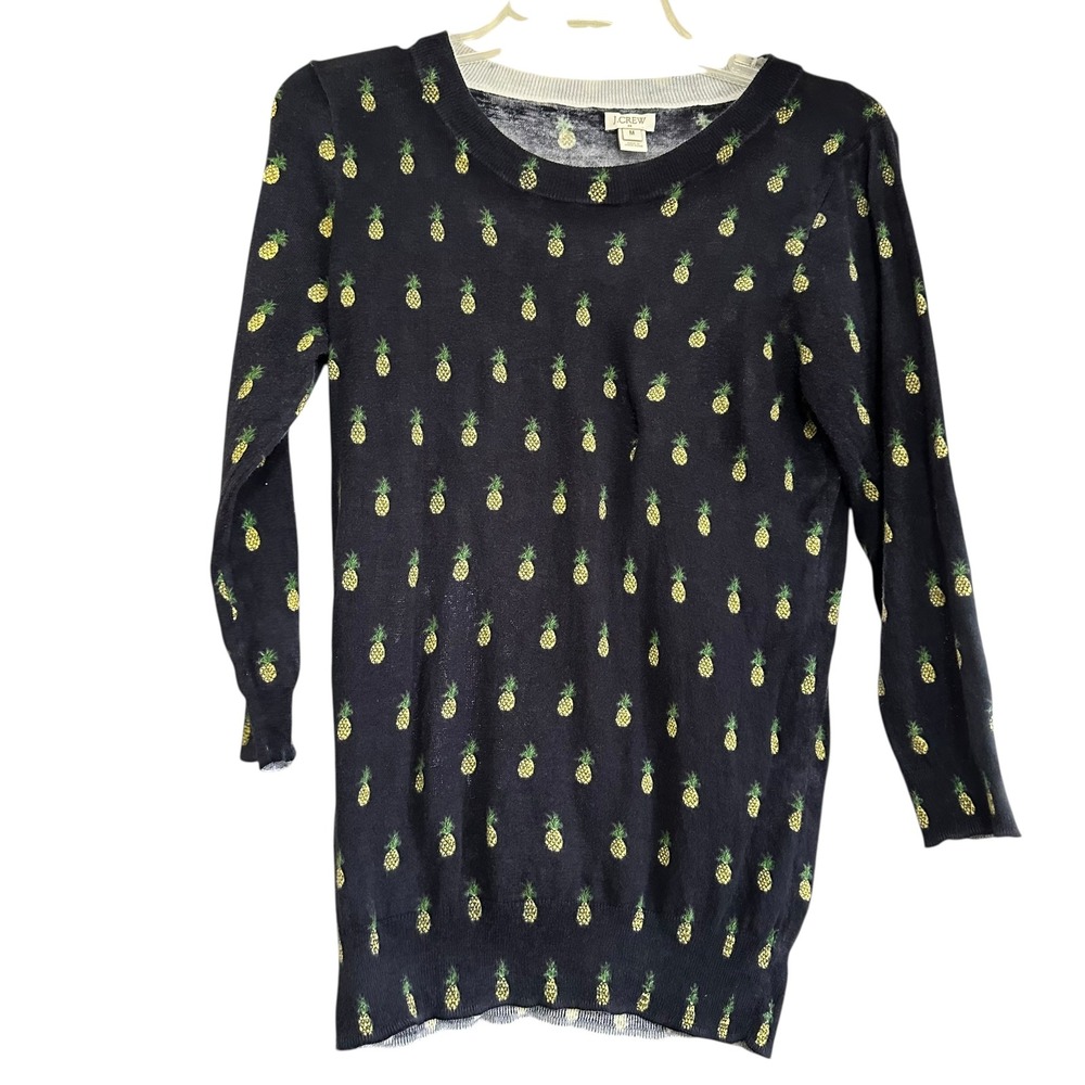 J Crew Navy Pineapple Print Knit Sweater Top Women's Size Medium Preppy Artsy‎